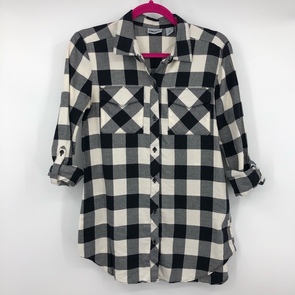 Dkny Tops - DKNY Button Up Black White Plaid Flannel Blouse XS